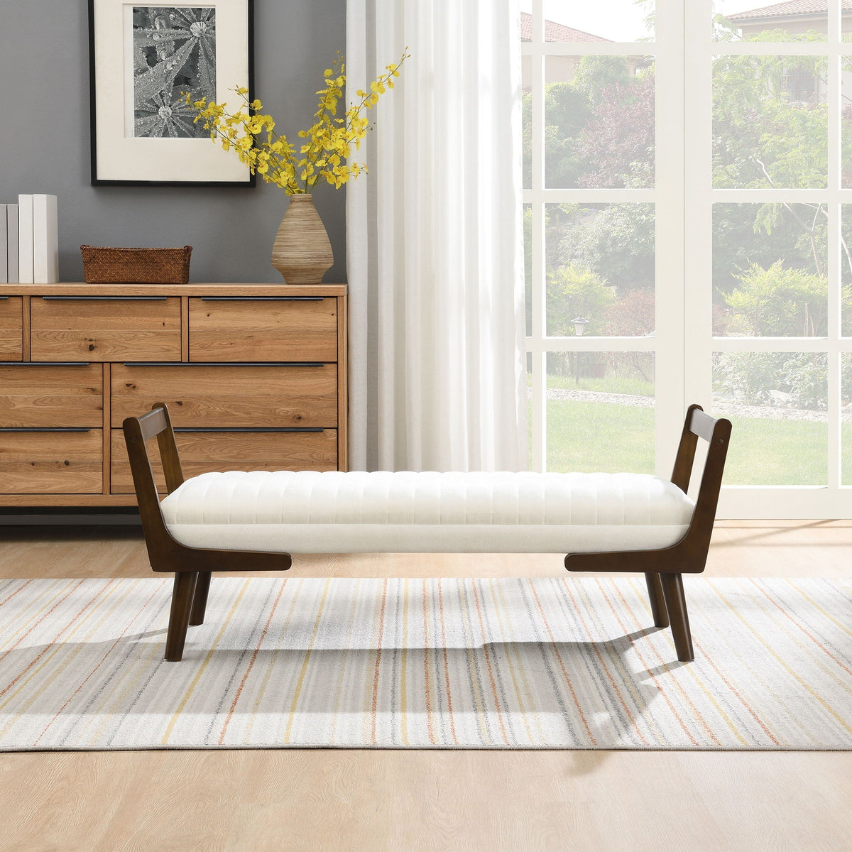 Mid-Century Bench with Wood Legs - Upholstered Seating - Beige or Dark Brown