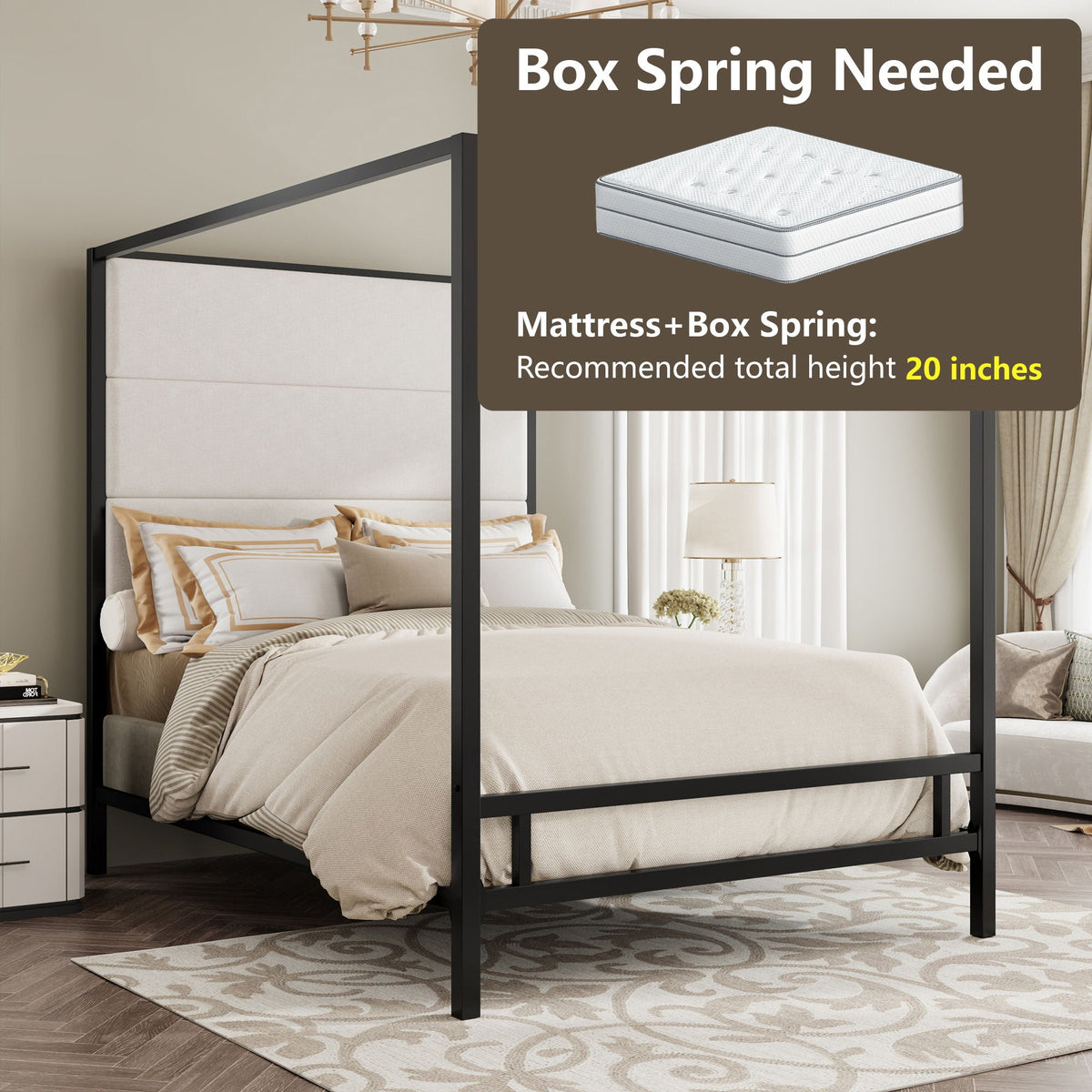 Canopy Bed With Tall Upholstered Headboard - 4 Poster Frame - Gold or Black