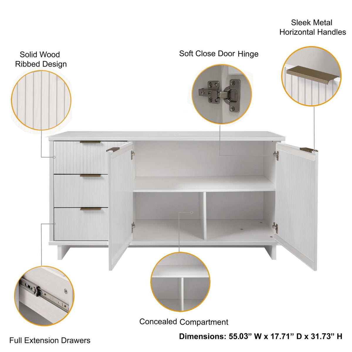 Granville Sideboard with Full Extension Drawers - Multiple Colors