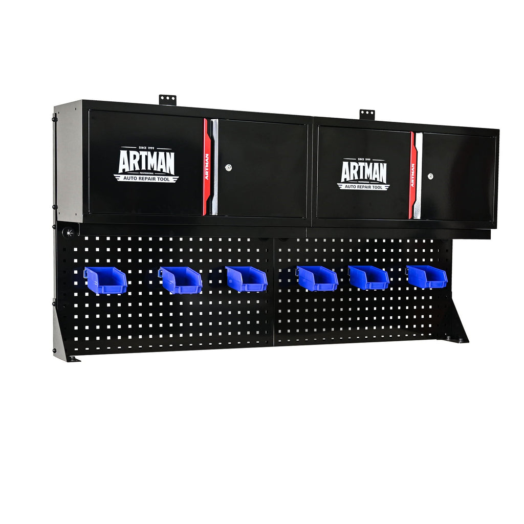 Wall Mounted Double Door Storage Cabinet with Tool Rack and Hooks - Black / Red