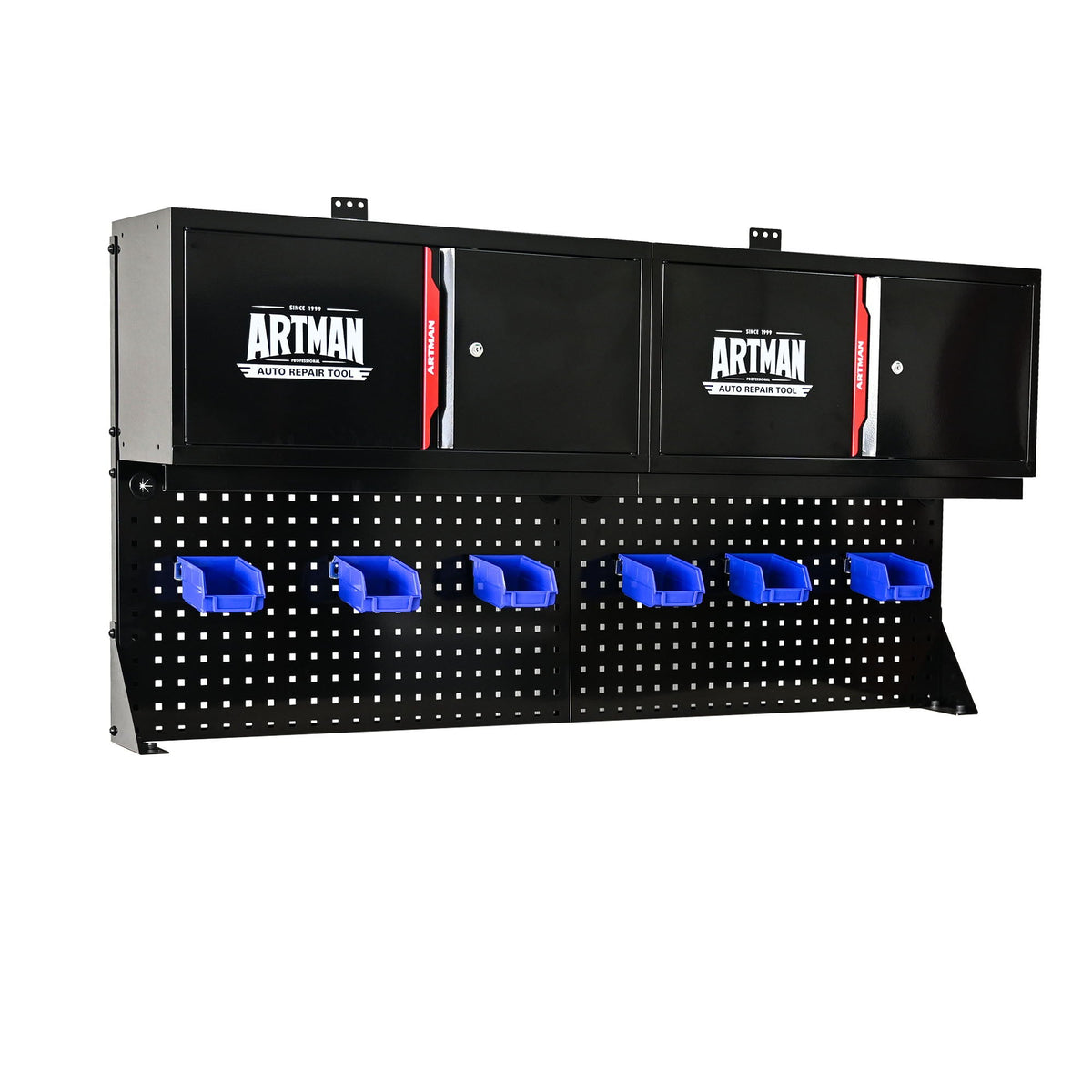 Wall Mounted Double Door Storage Cabinet with Tool Rack and Hooks - Black / Red