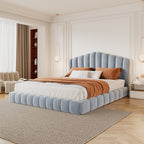 Velvet Upholstered Queen Bed with Shell-Shaped Headboard