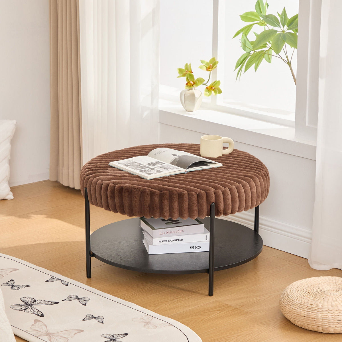 Modern Upholstered Round Ottoman Coffee Table with Storage Shelf - Fabric