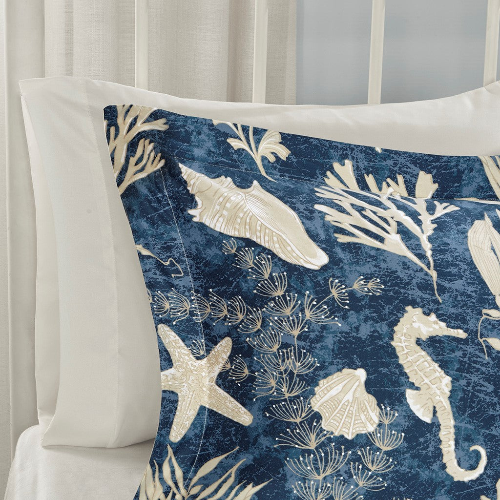Cotton Sateen Comforter Set with Coastal Motif - Blue