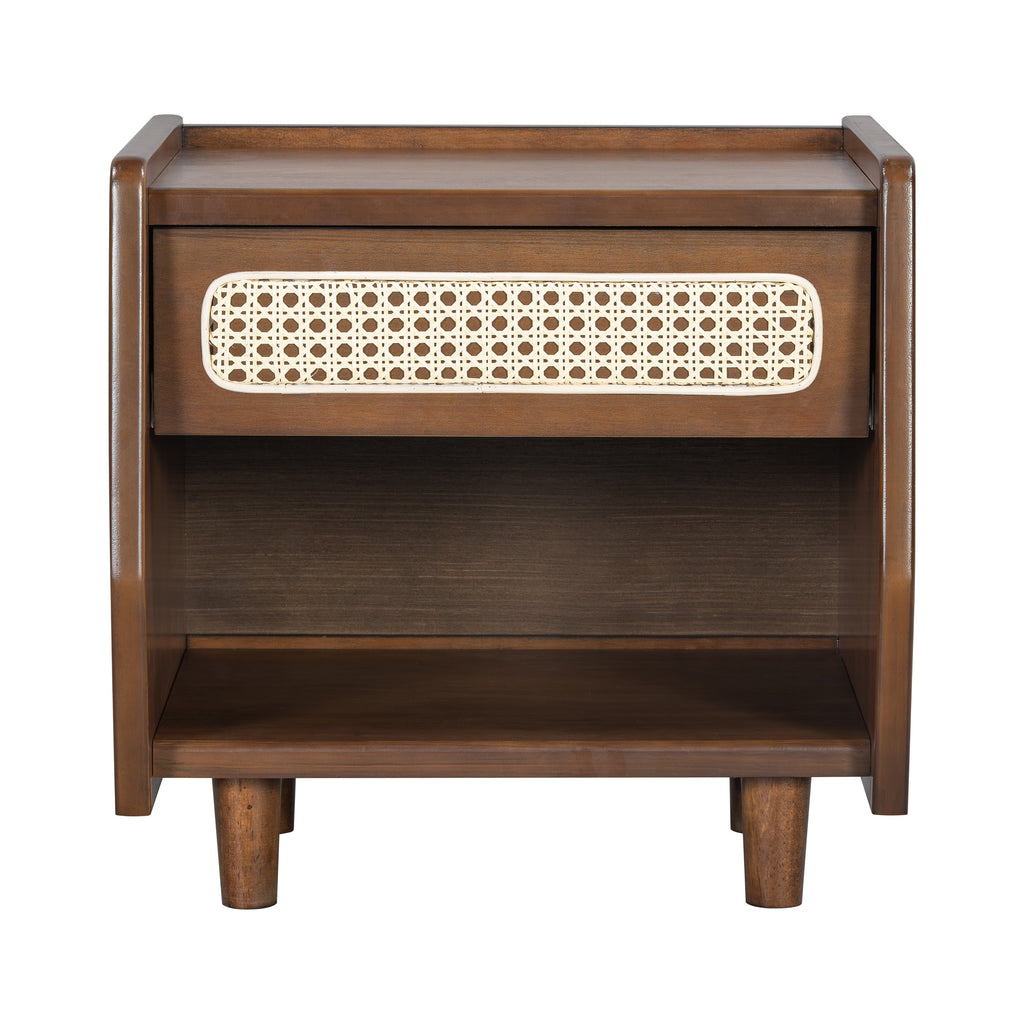 Walnut Nightstand with Rattan Detail for Modern Bedrooms - Walnut