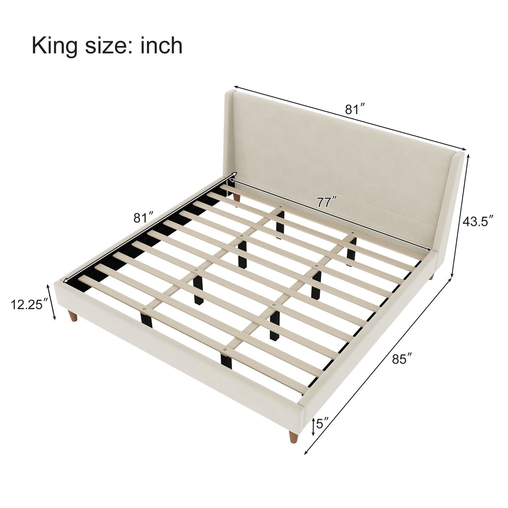 Modern Upholstered Platform Bed with Wingback Headboard – King, Beige