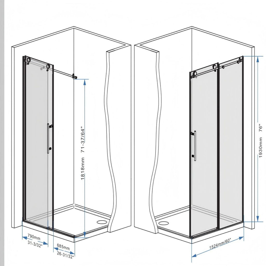 Frameless Shower Door with Tempered Glass - Black