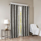 Charcoal Knitted Jacquard Damask Blackout Curtain Panel with Silver Grommets