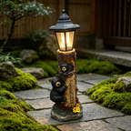 Solar-Powered Bear Welcome Statue with Hand-Painted Welcome Sign - Black