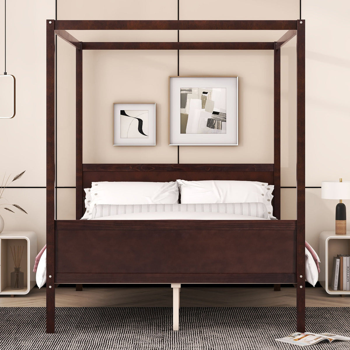 Canopy Platform Bed with Headboard and Footboard, Slat Support Leg - Queen