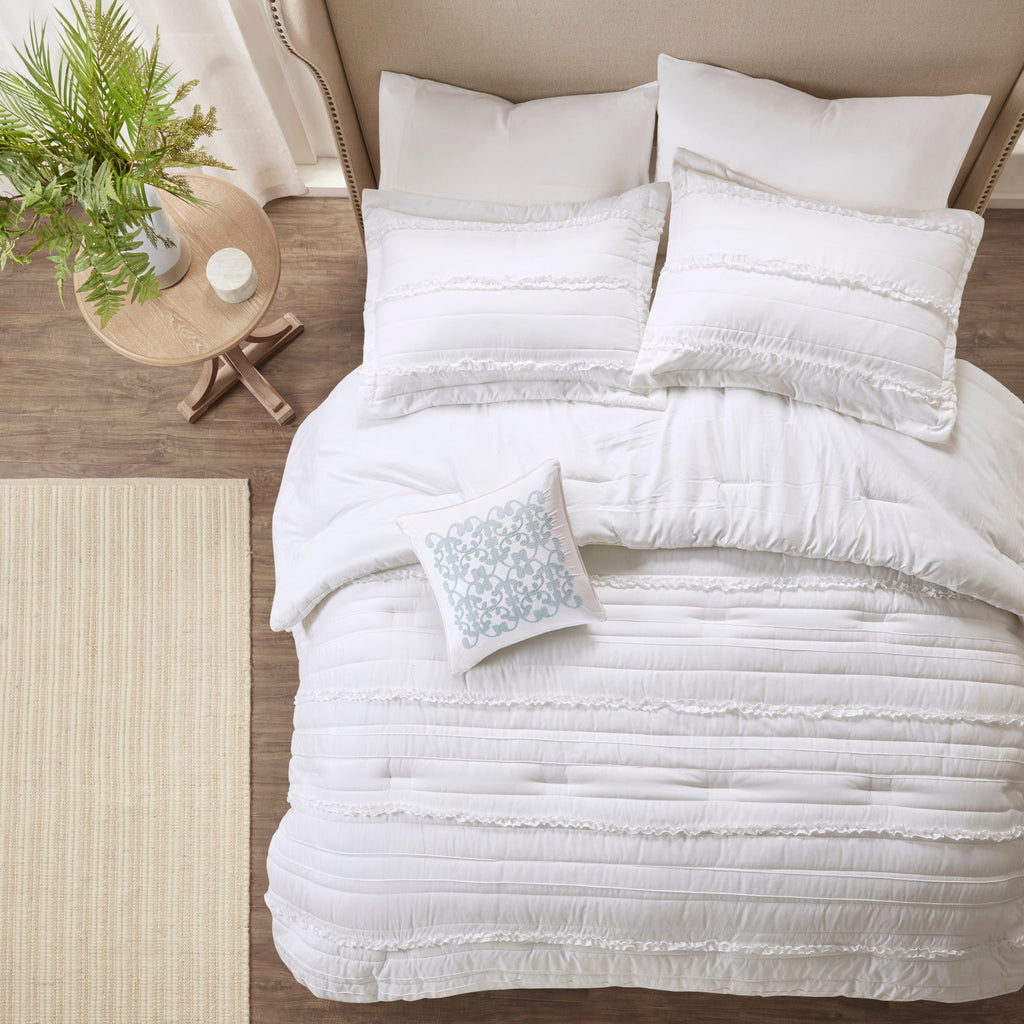 5 Piece Ruffled Comforter Set with Embroidered Decorative Pillow - White