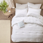 5 Piece Ruffled Comforter Set with Embroidered Decorative Pillow - White
