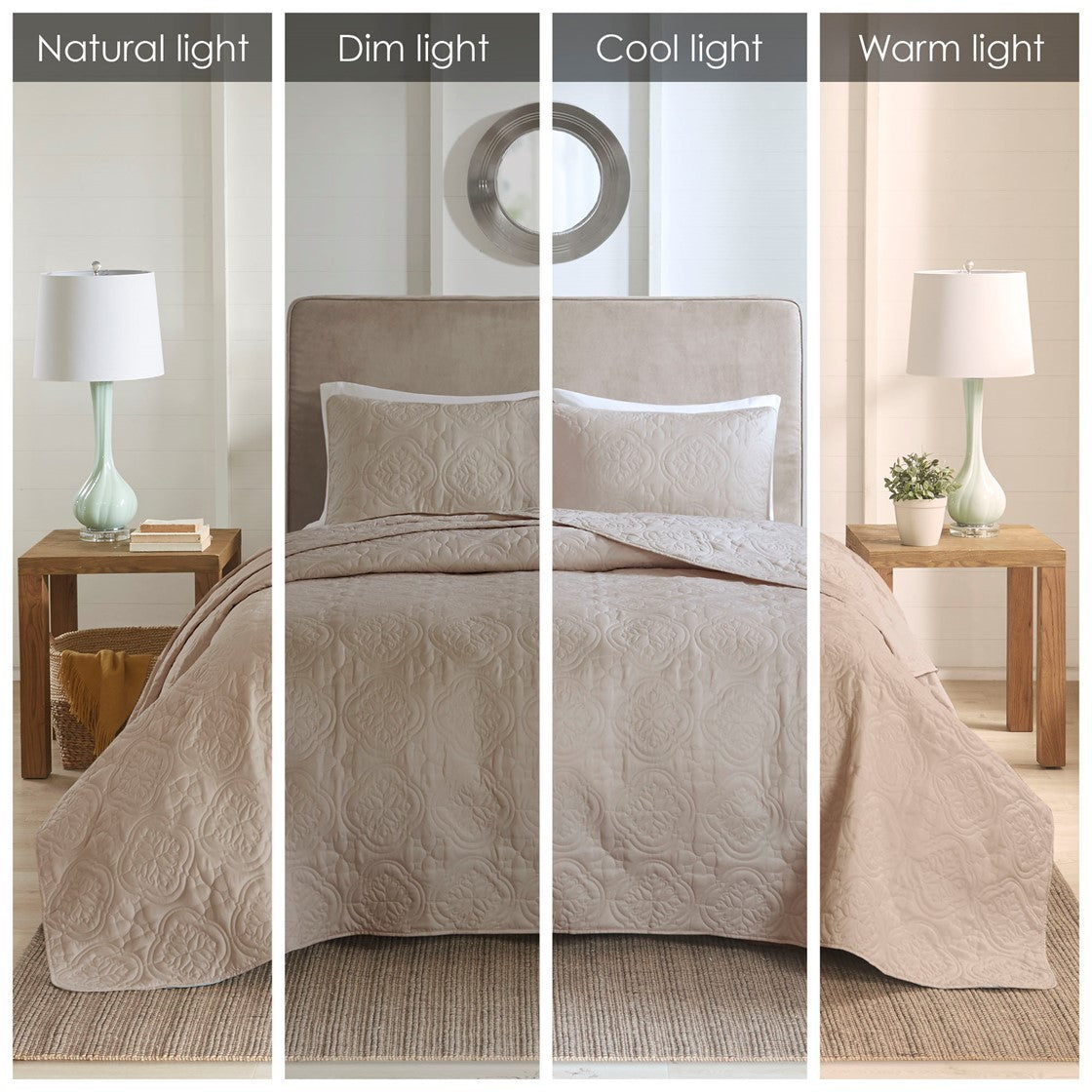 Reversible Bedspread Set with Quilted Medallion Design - Khaki