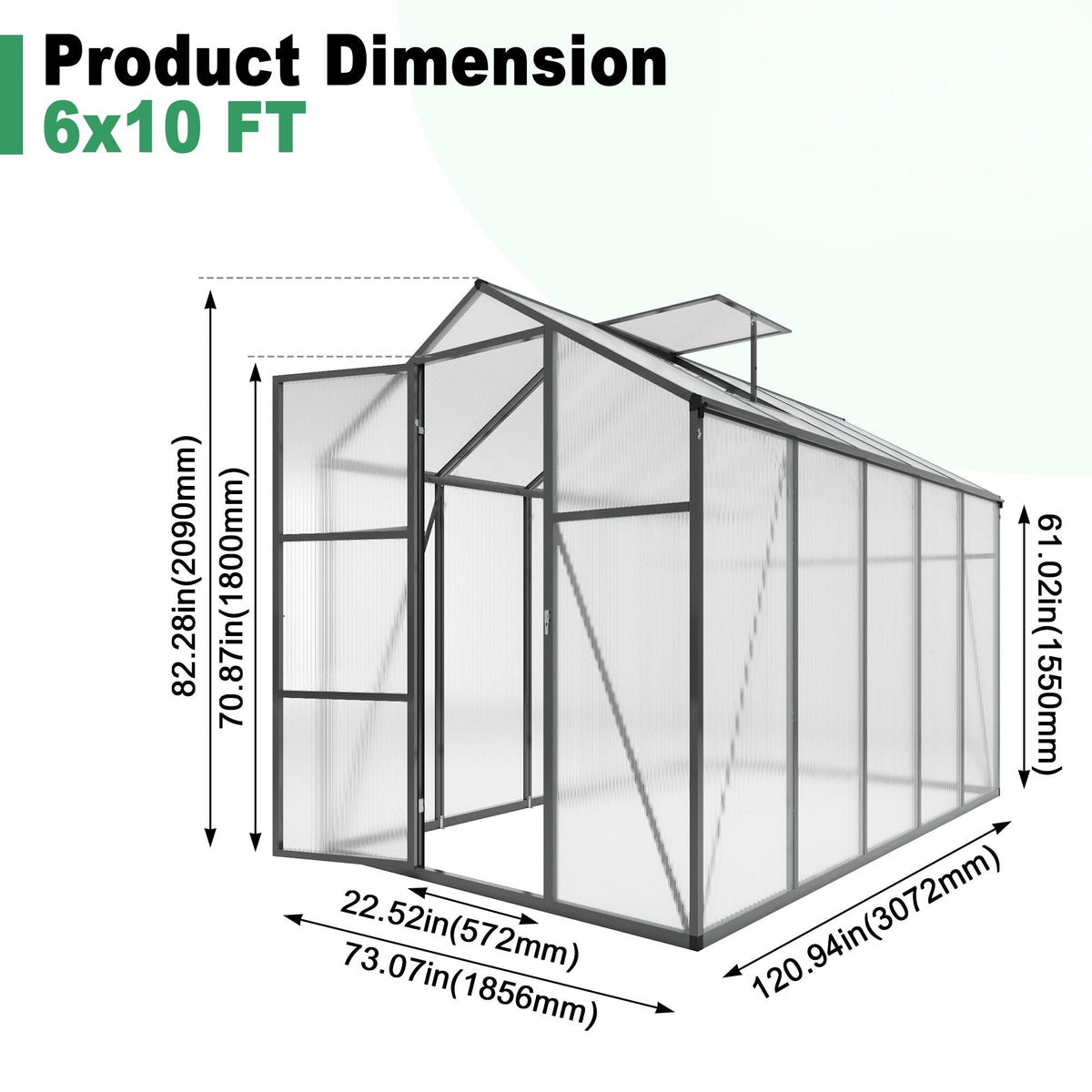 Windproof Greenhouse with Raised Base - Polycarbonate Panels - Black