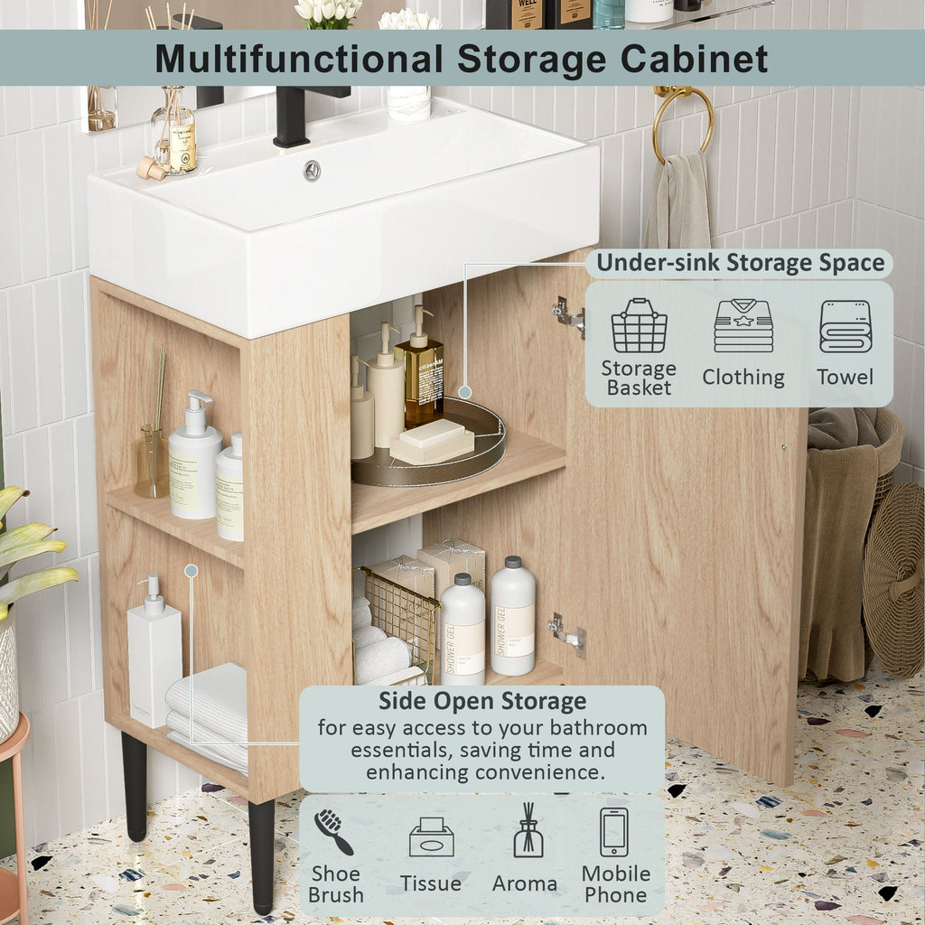 Bathroom Vanity with Single Ceramic Sink and Side Storage - Multiple Colors
