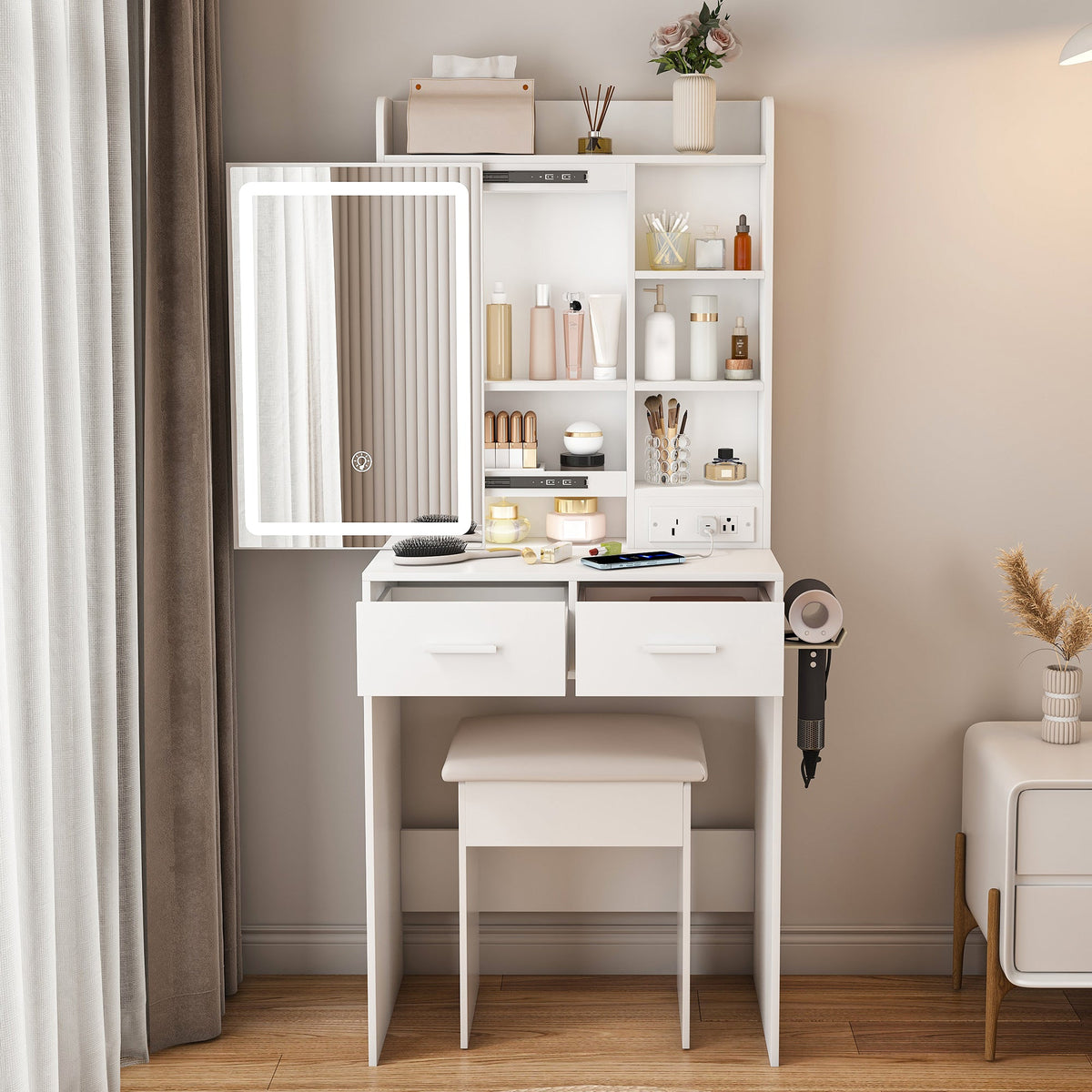 Small Makeup Vanity Desk with Mirror & LED Lights