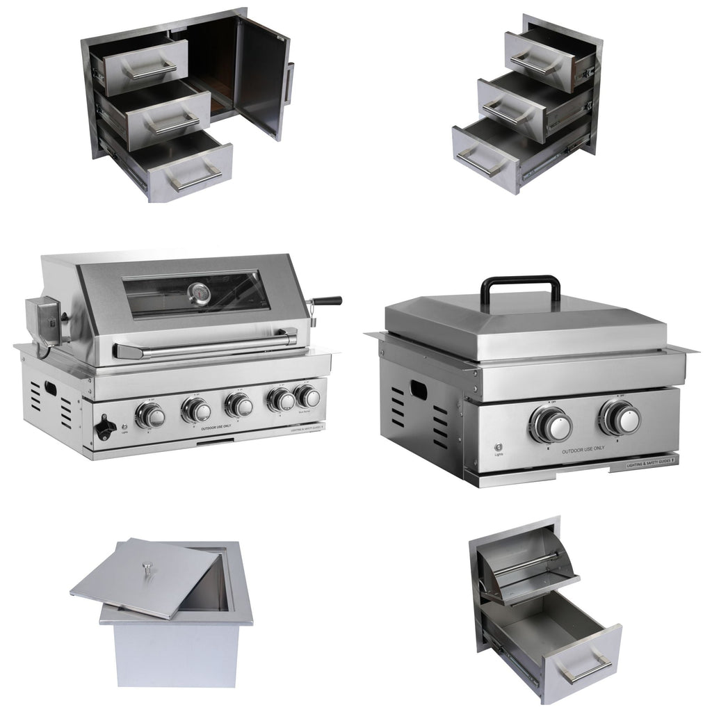 Built-In Outdoor Kitchen LPG Gas Grill with Ice Box and BBQ Tool Set - Silver