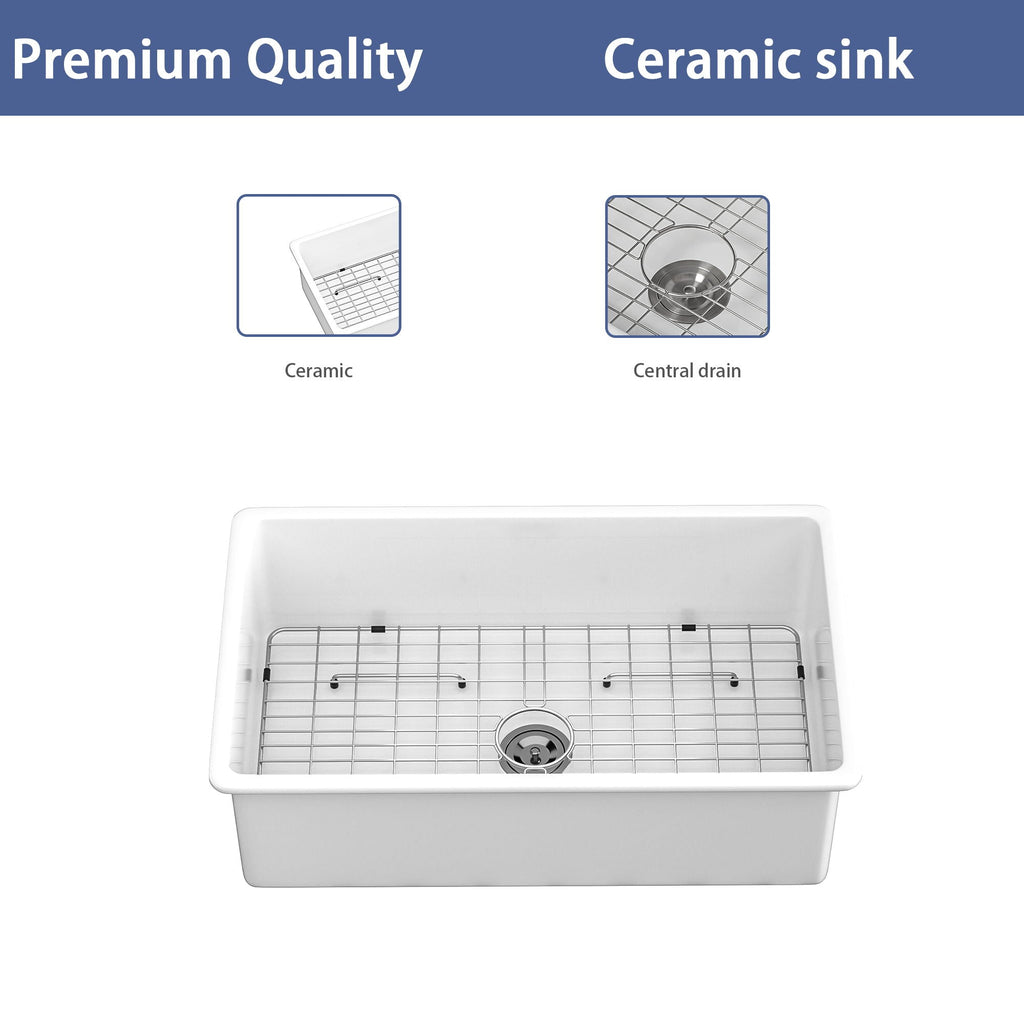 Farmhouse Ceramic Apron Front Single Bowl Kitchen Sink with Durable Design - White or Black