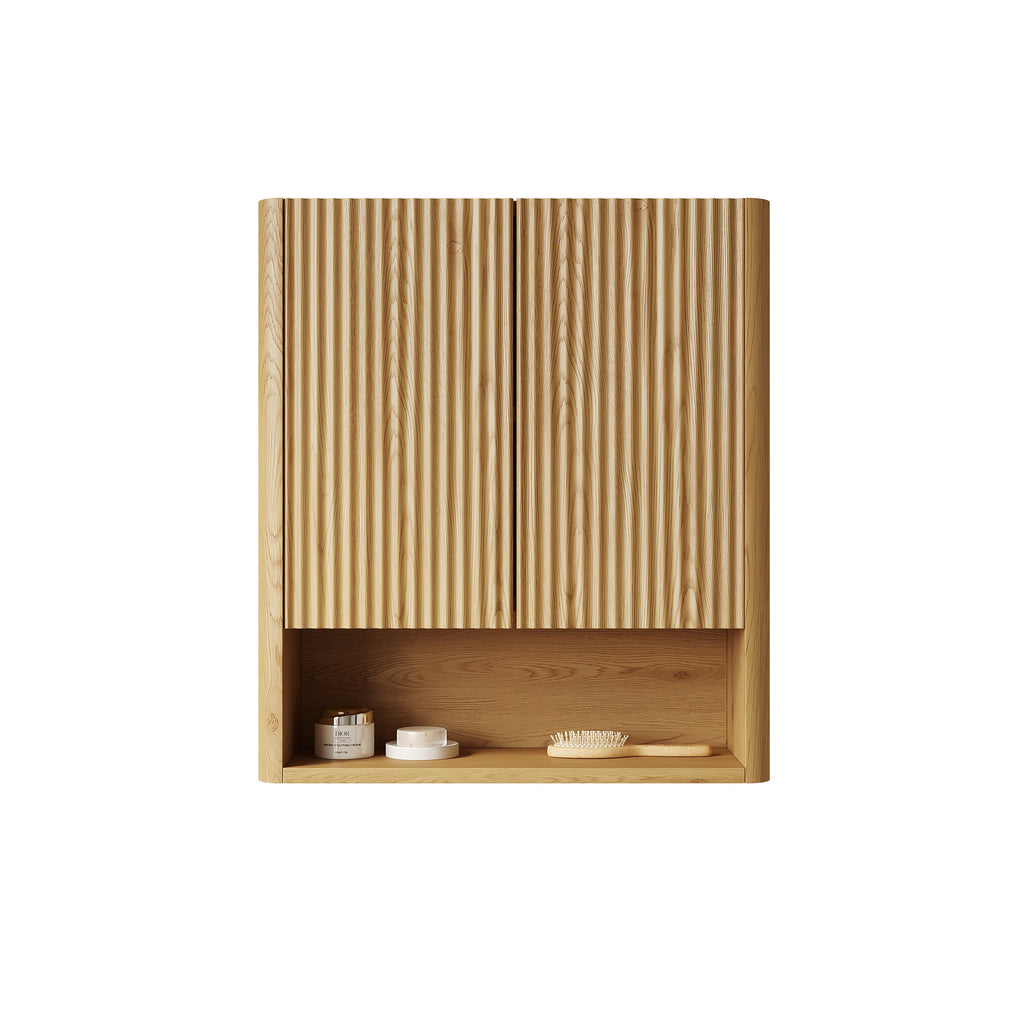 26" Wall-Mounted Bathroom Cabinet with Solid Wood Striped Doors - Natural Finish