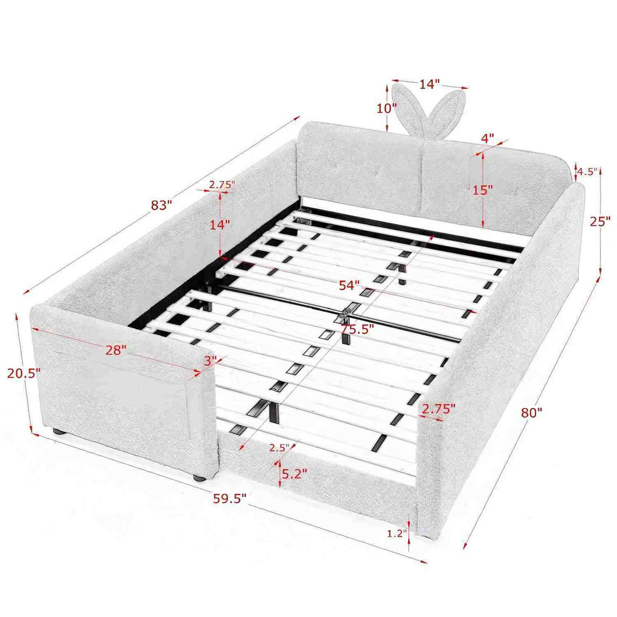 Cute Rabbit Ear Upholstered Platform Bed Frame with Safety Rail - Multiple Colors