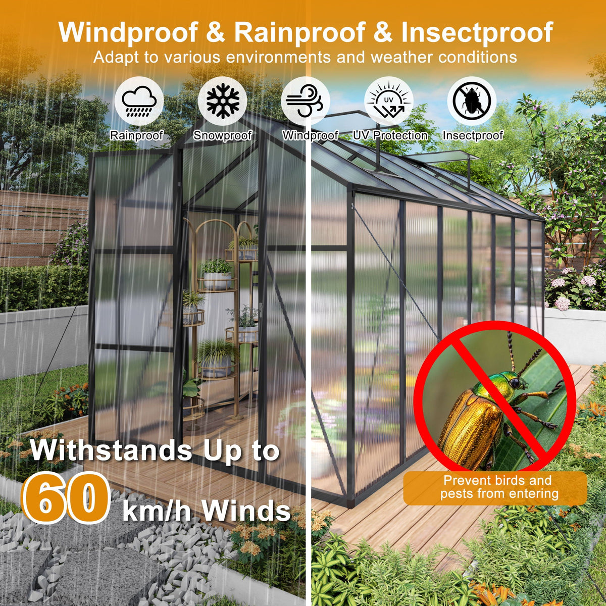 Windproof Greenhouse with Raised Base - Polycarbonate Panels - Black