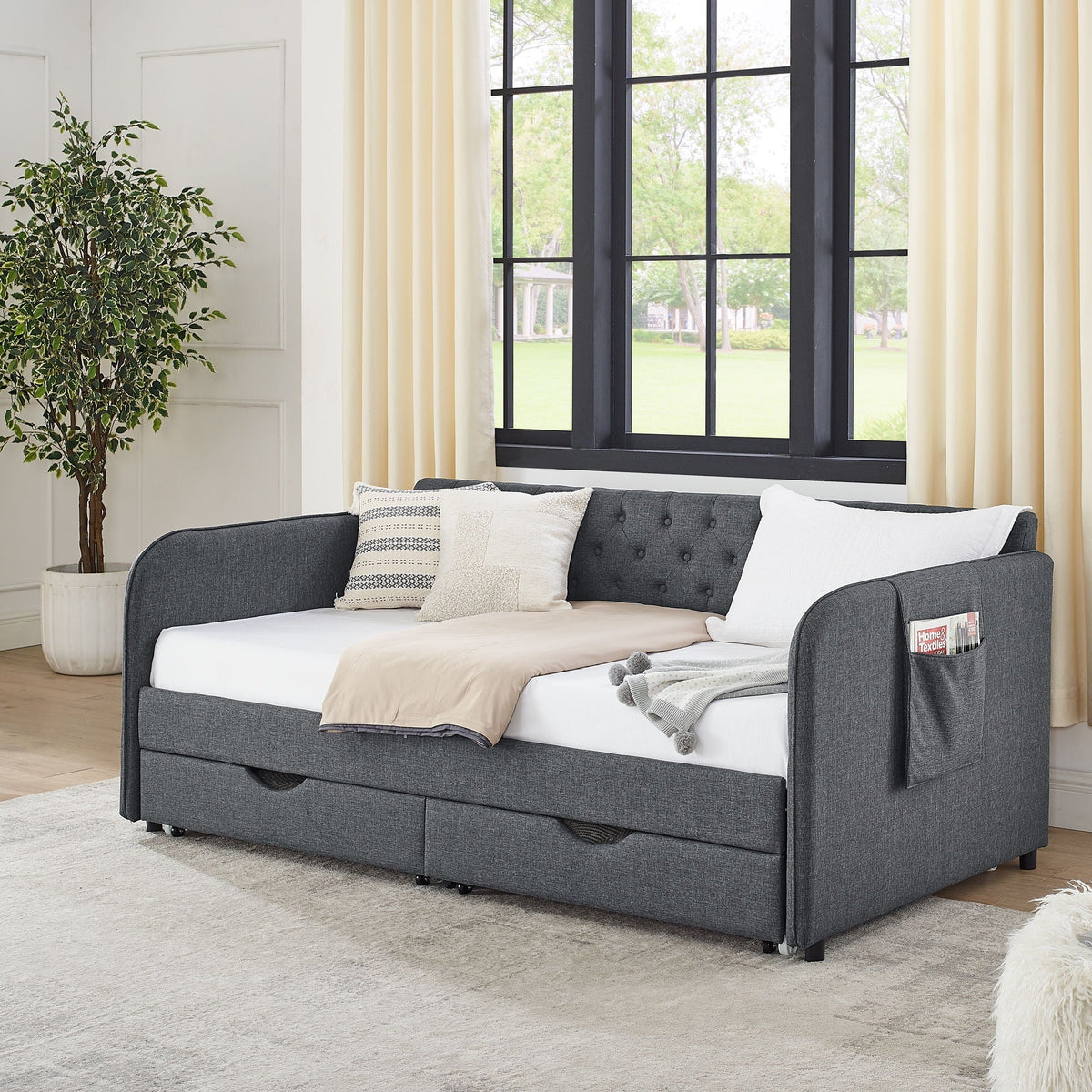 Daybed with Trundle and Storage Drawers - Twin, Fabric Upholstered - Multiple Colors