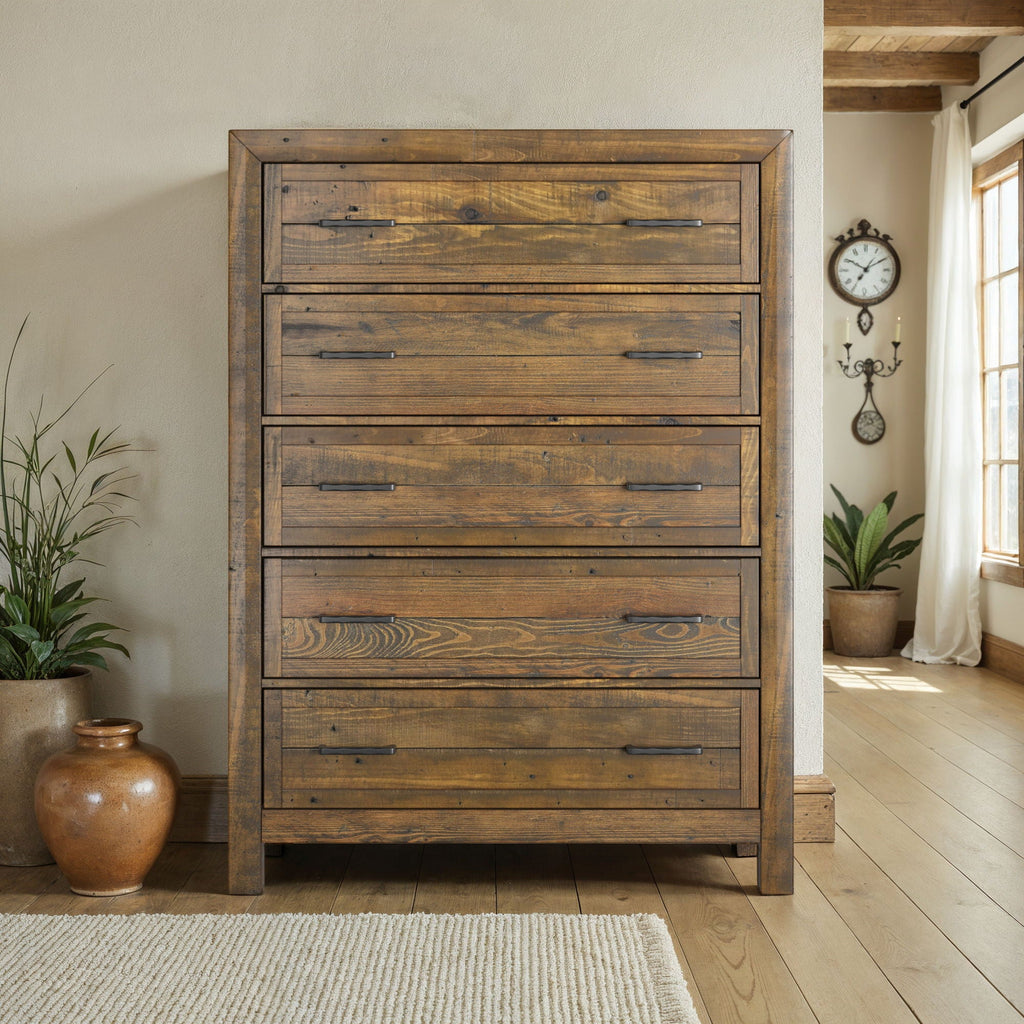 5 Drawer Chest with Solid Wood Construction - Brown