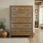 5 Drawer Chest with Solid Wood Construction - Brown