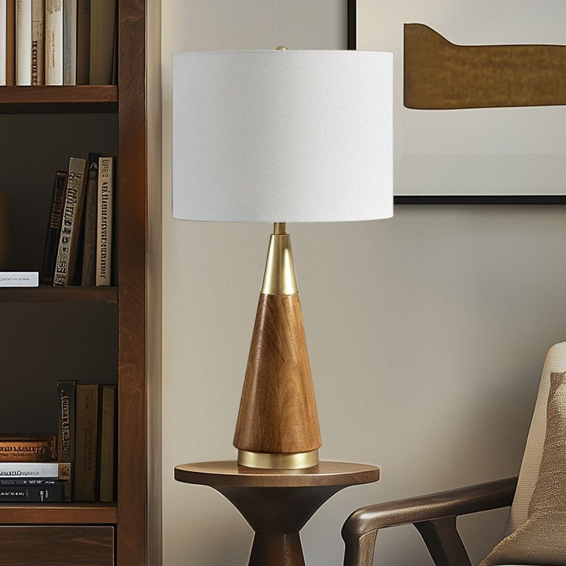 Triangular Table Lamp with Espresso Wood Grain and Linen Shade - Gold & Brown