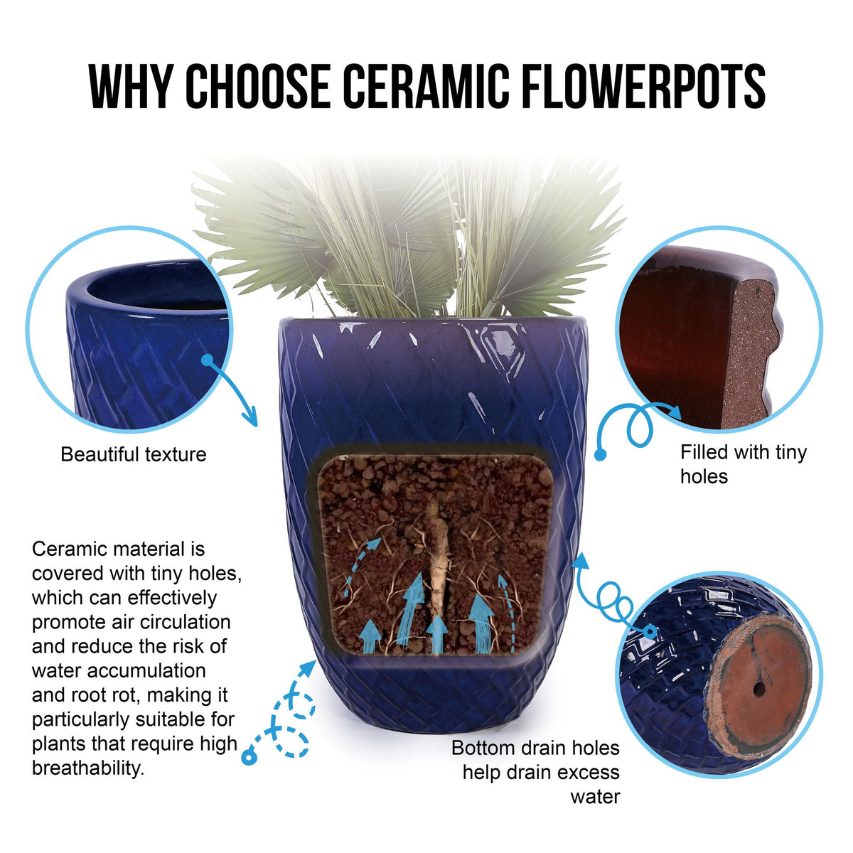 Ceramic Planter with Drainage Hole - White or Light Blue