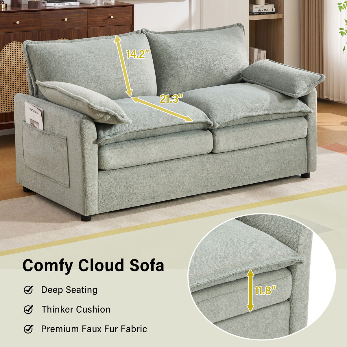 Modern Loveseat Sofa with Side Storage Pockets - Green, Beige, or Dark Gray
