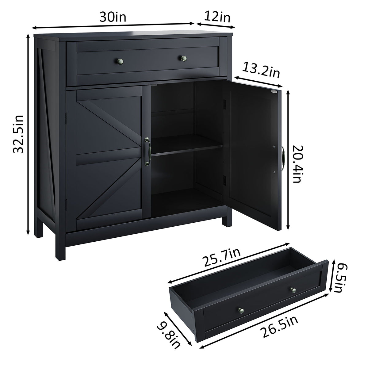 Farmhouse Storage Cabinet with Drawer and Adjustable Shelf - White or Black