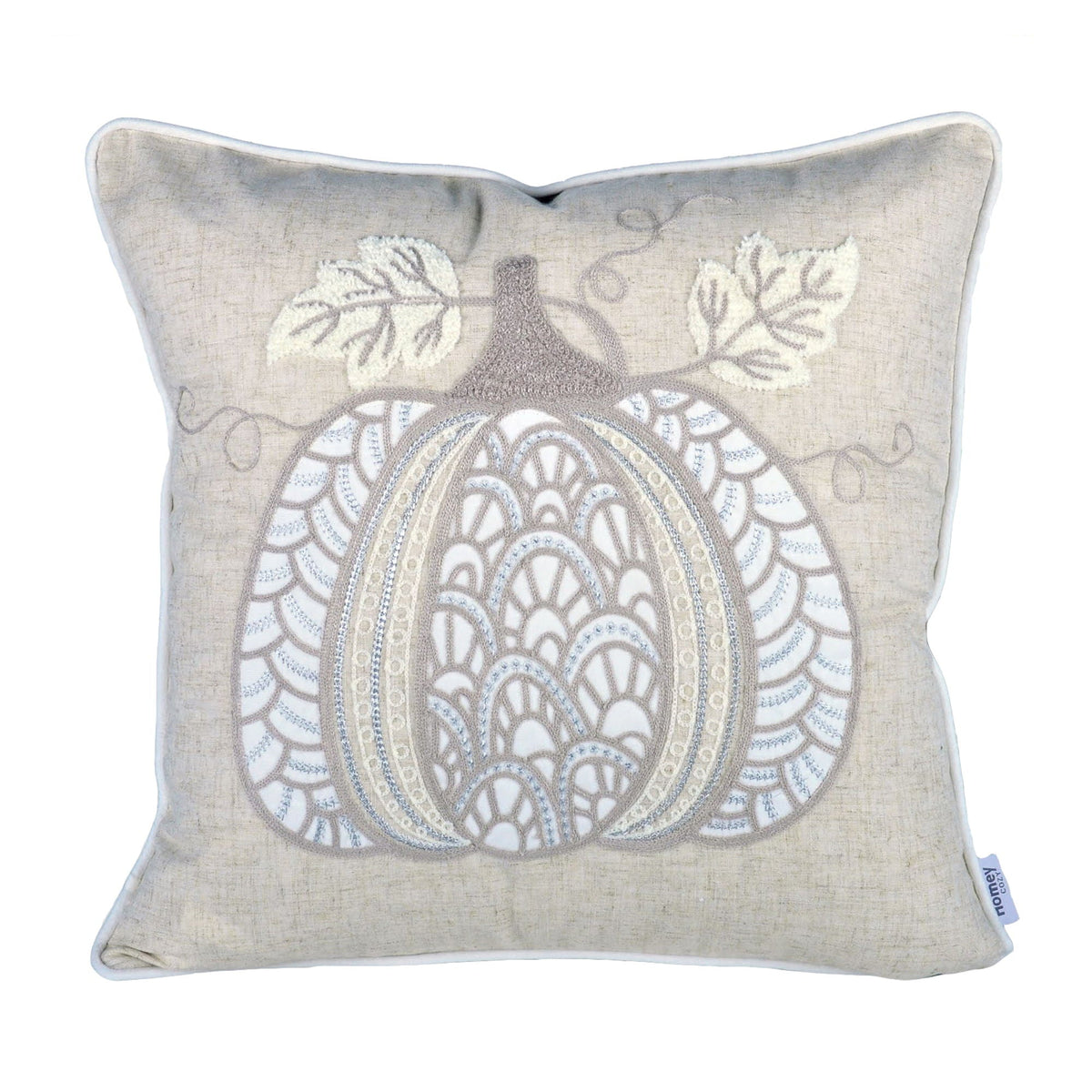 Lace Embroidered Pumpkin Throw Pillow with Linen-Blend Fabric - Natural