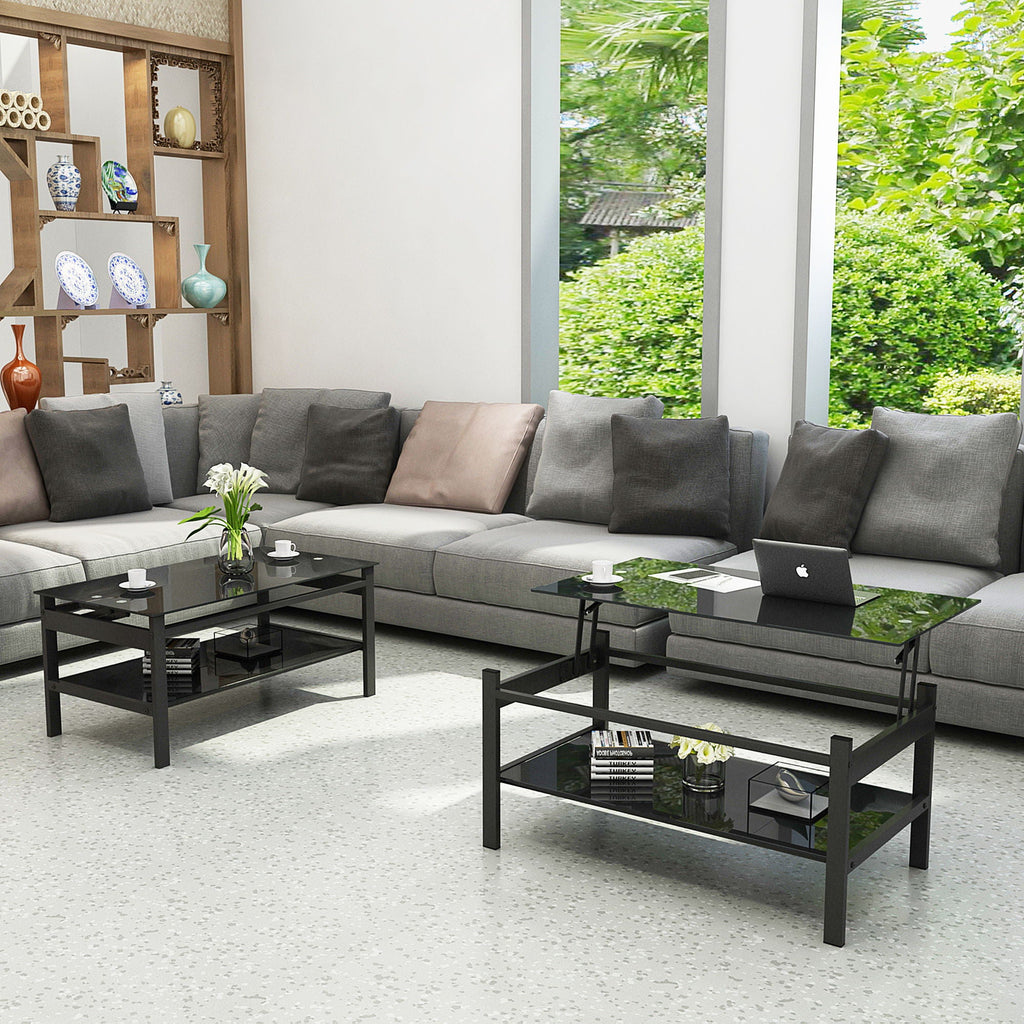 Glass Lift Top Coffee Table with Storage Shelf - Black