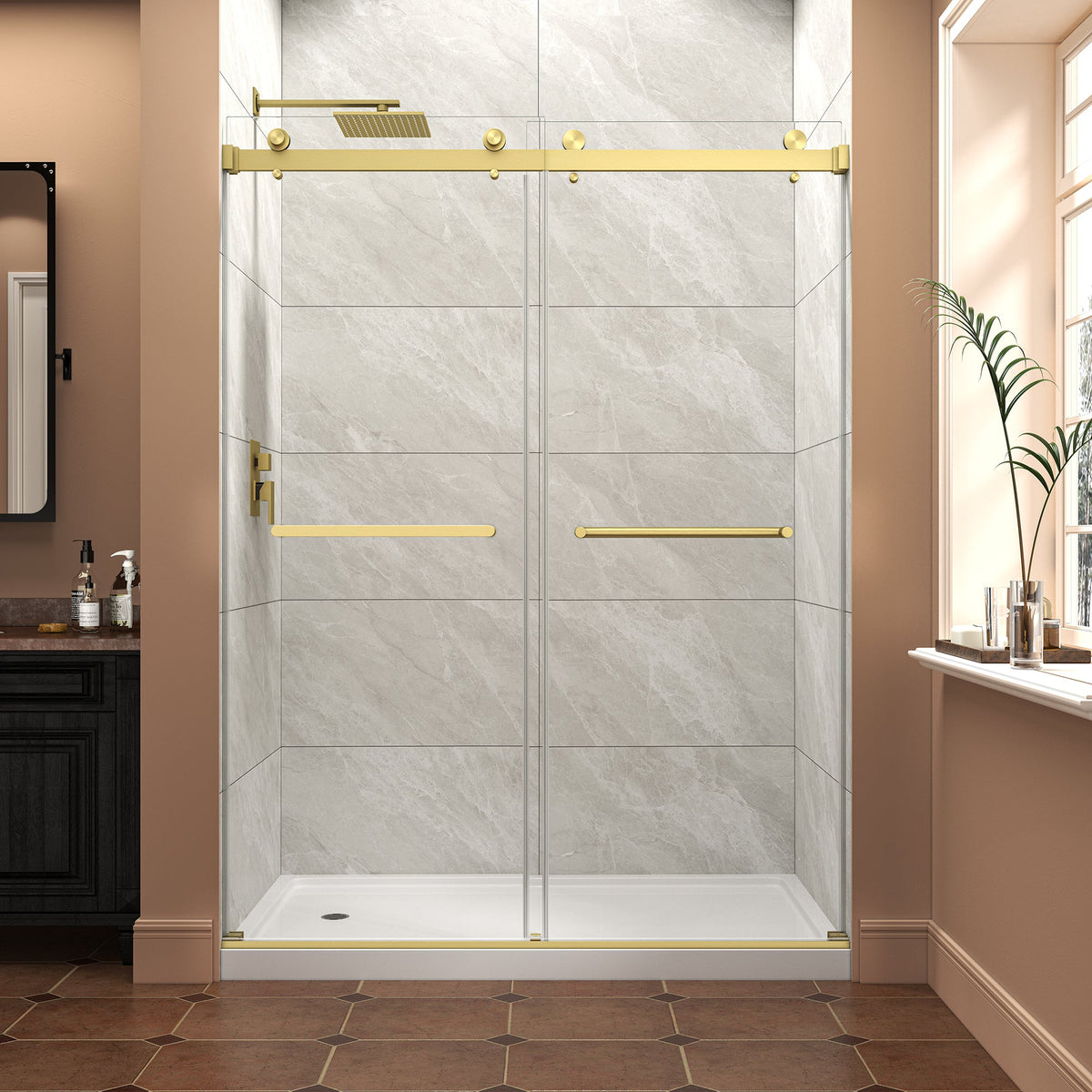 Brushed Gold Frameless Shower Door with Adjustable Width - 60" W x 76" H
