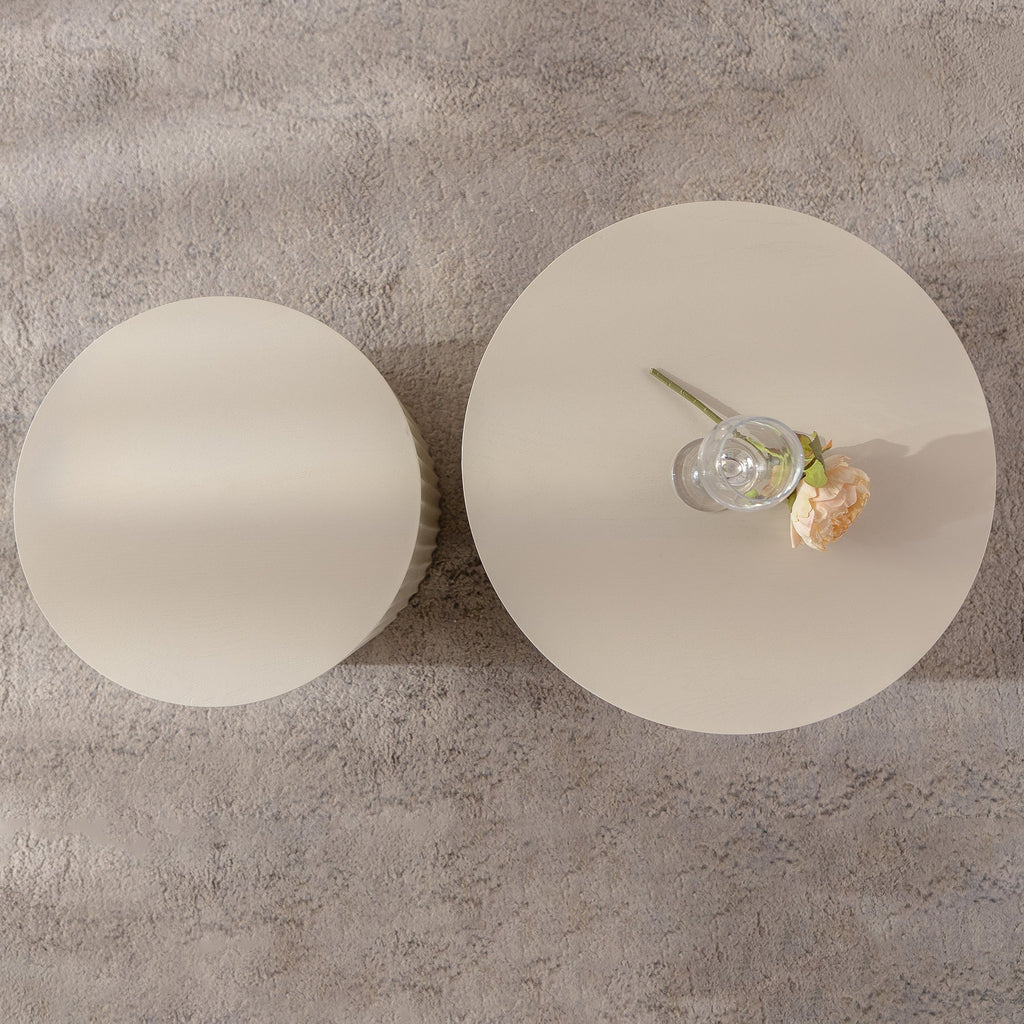 Beige Nesting Coffee Table Set of 2 – Modern Drum Side Tables with Wave Design - Beige