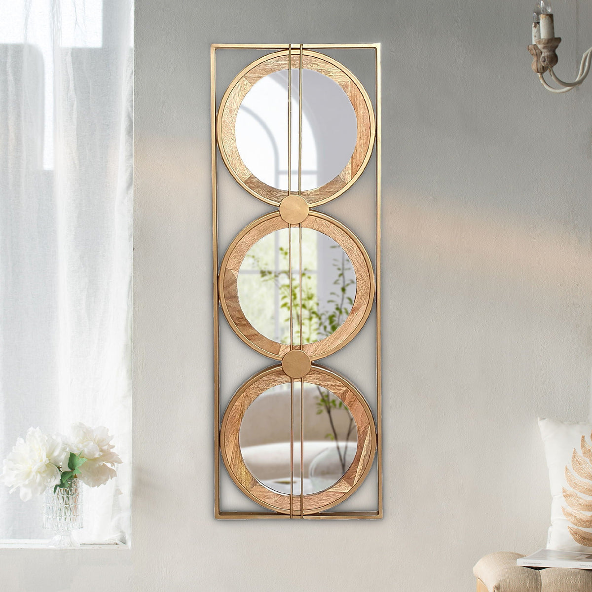 Rectangular 3-Piece Wall Mirror Set with Iron & Mango Wood Frame - Brown