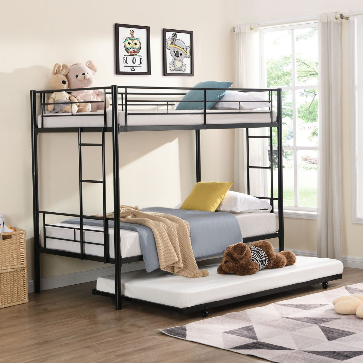 Twin Over Twin Metal Bunk Bed with Trundle - Black