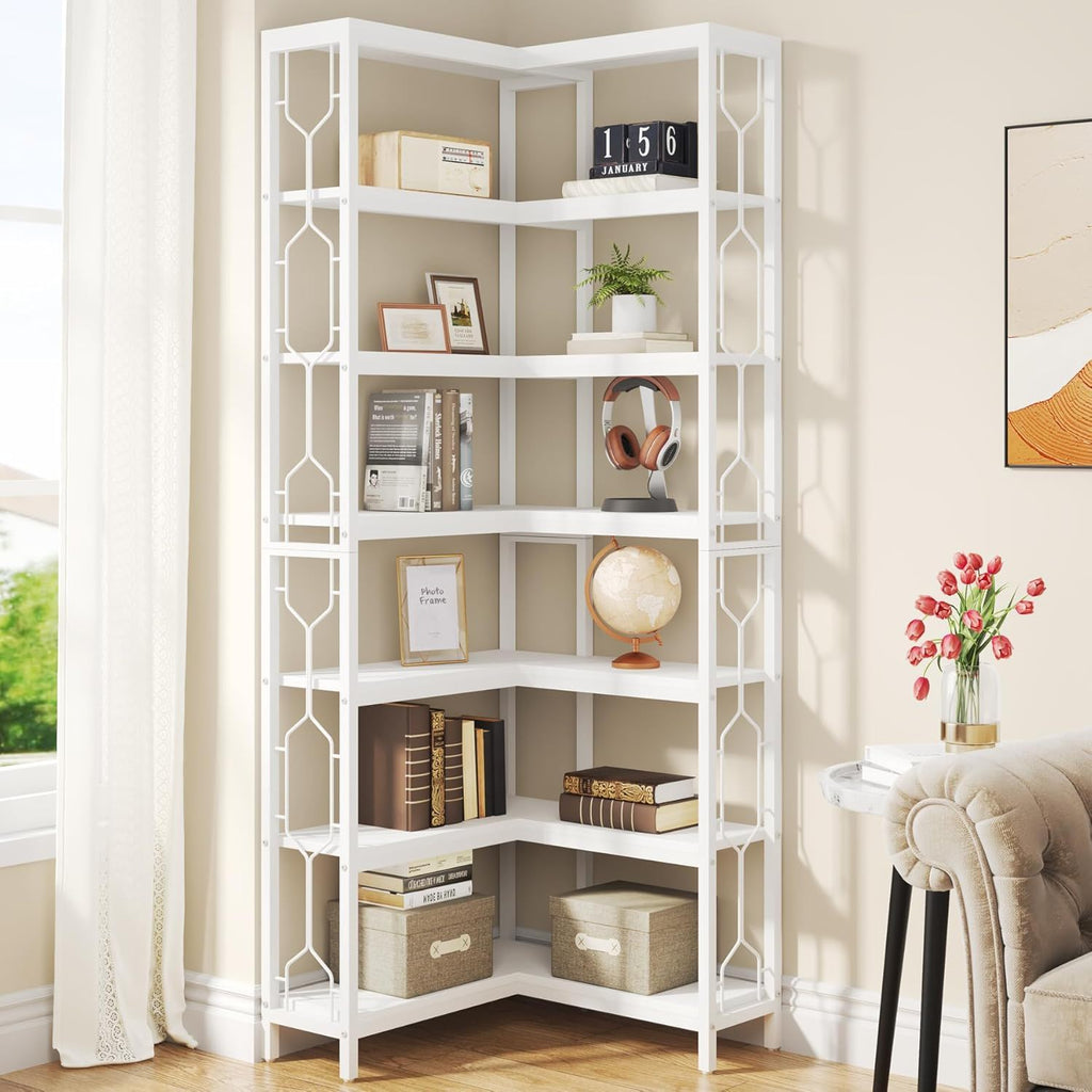7 Tier Corner Bookshelf with Hexagonal Design - Dark Brown, White, Dark Gray