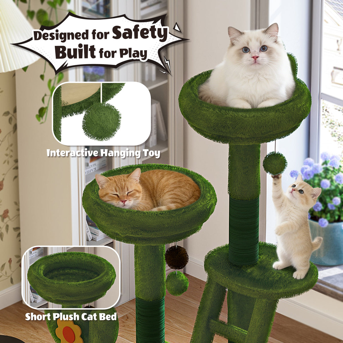 72in Cactus Cat Tree Tower with Transparent Capsule - Green