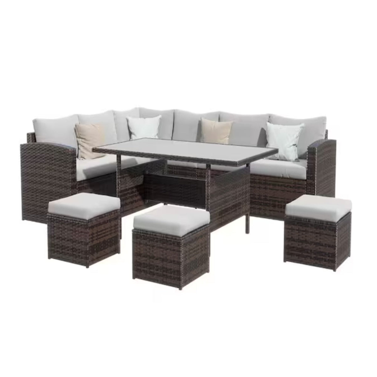 7 Piece Outdoor Dining Set with Cushions, Modular Sectional Sofa and Table - Gray or Beige