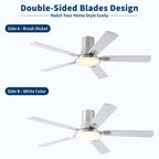Flush Mount Ceiling Fan with LED Light and Remote Control - Black, White, Pearl Silver