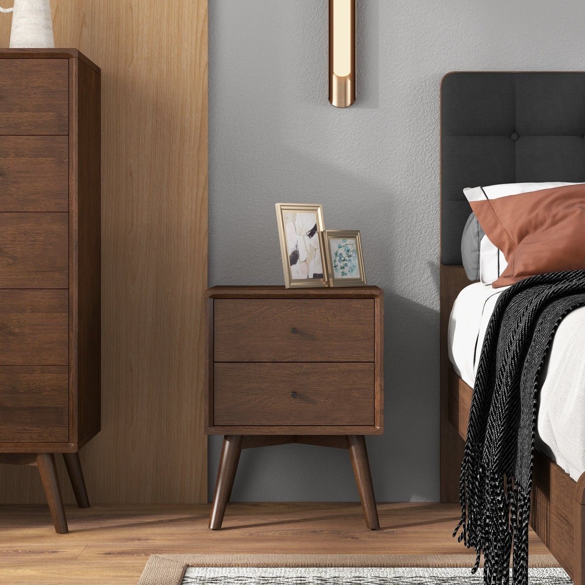 Mid-Century Modern Night Stand with 2 Drawers - Dark Brown or White