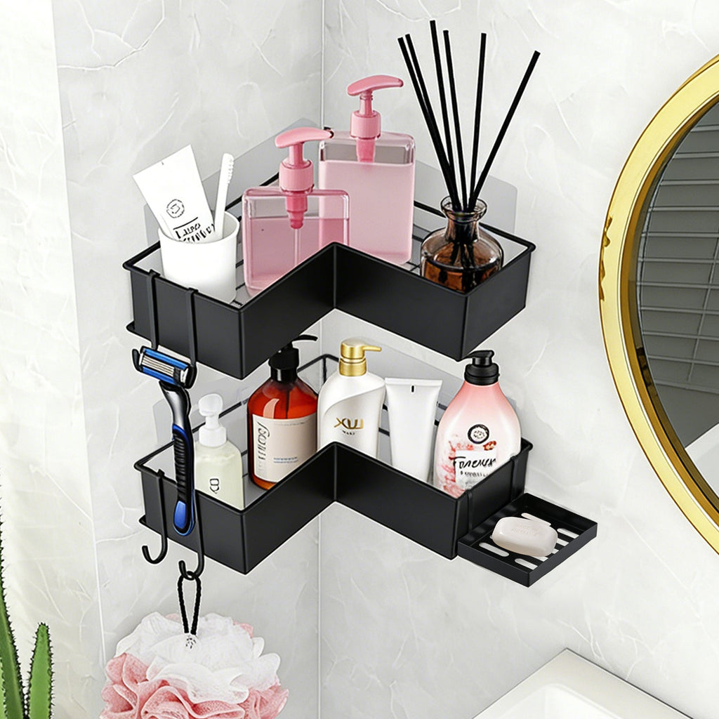 Adhesive Corner Shower Caddy 2-Pack with Hooks - Stainless Steel