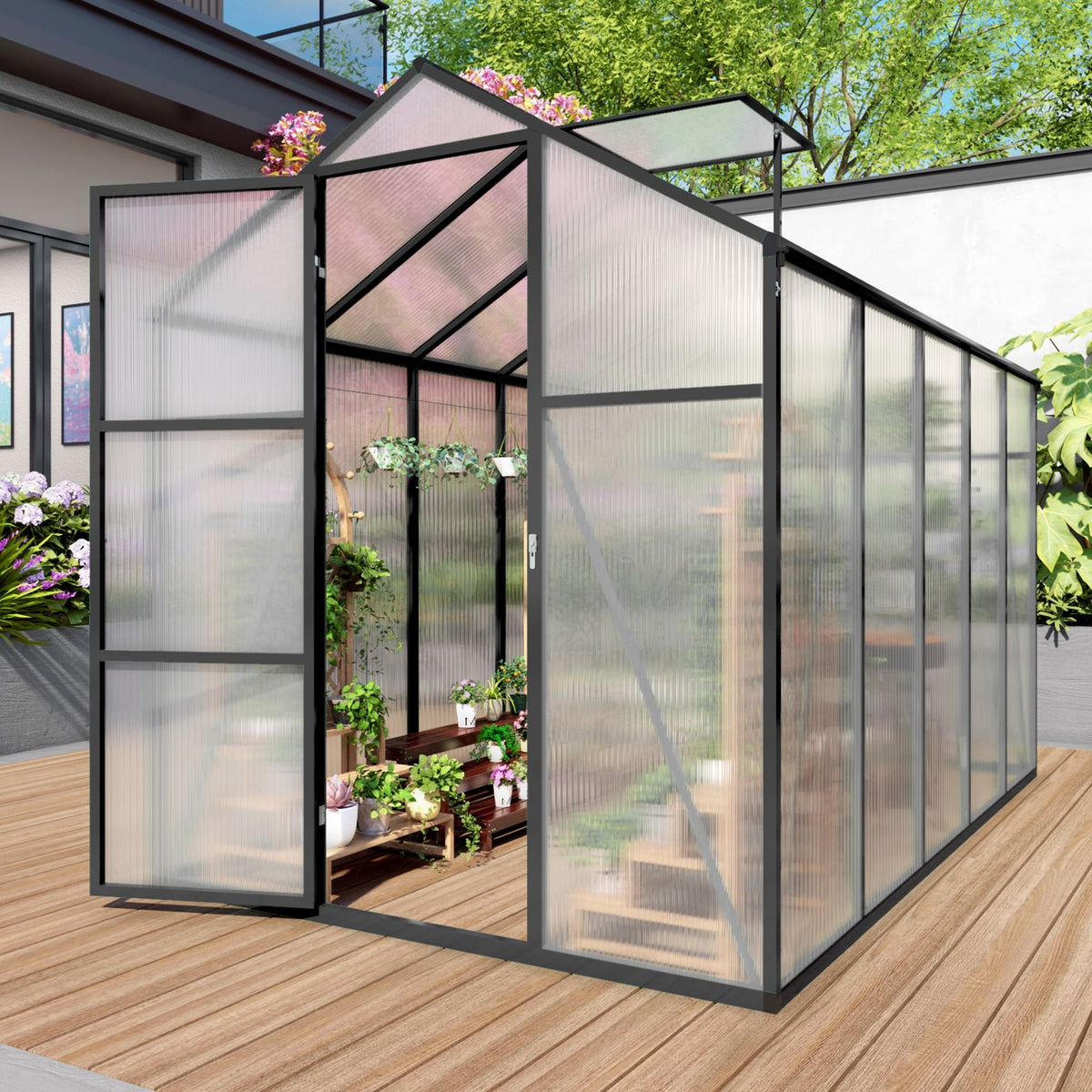 Windproof Greenhouse with Raised Base - Polycarbonate Panels - Black