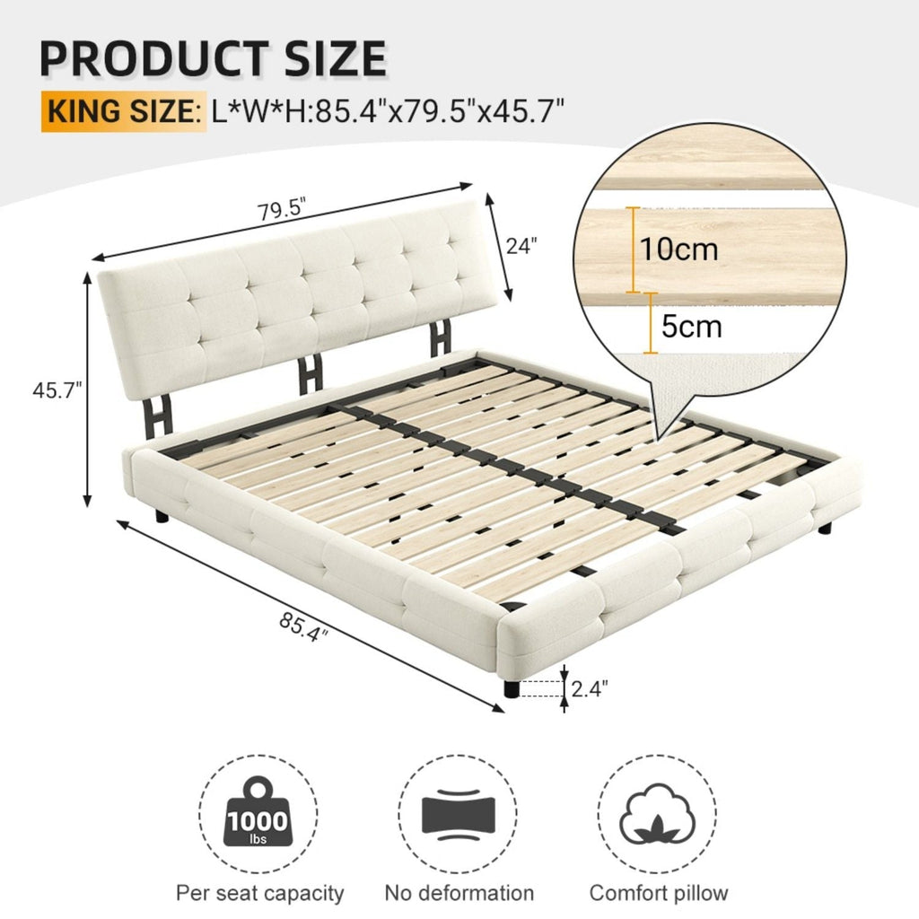 Tufted Headboard Upholstered Bed with Ultra-Soft Cloud Pillow Design - White or Black
