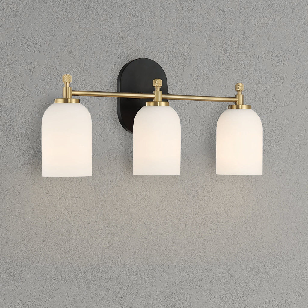 3-Light Vanity Wall Light with Frosted Glass Shades - Black / Gold / White