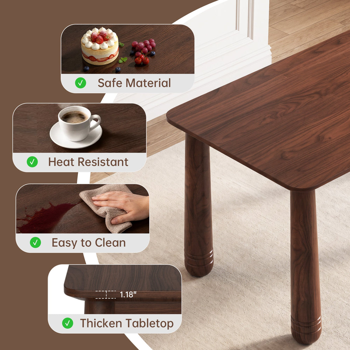 63-Inch Walnut-Finish Dining Set with 4 Upholstered Chairs