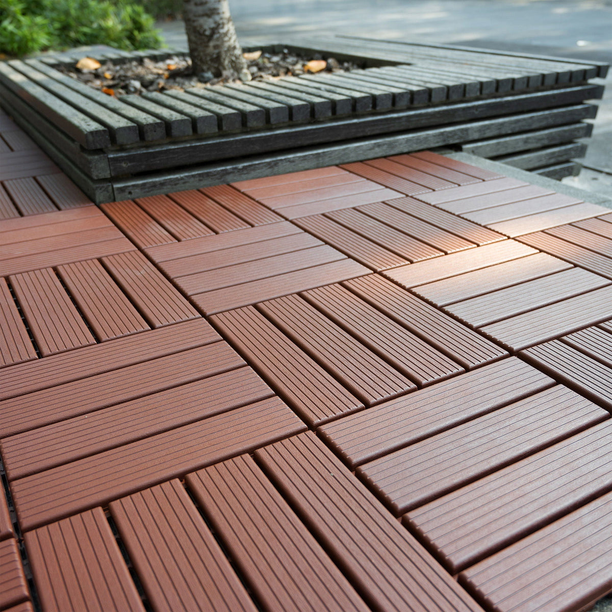 Interlocking Plastic Deck Tiles with Waterproof Construction - Dark Gray or Dark Brown
