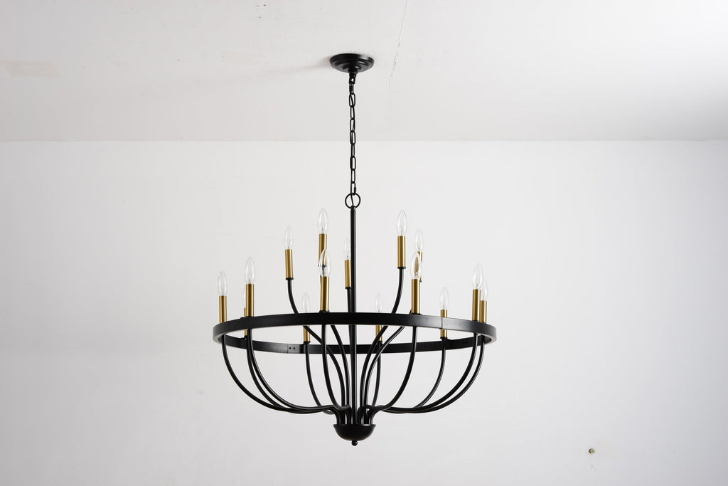 18-Light Industrial Iron Candle Chandelier with Adjustable Height - Gold & Black